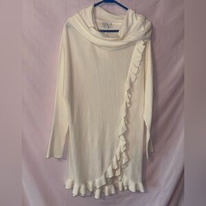 Cream Cowl Neck Sweater with Asymmetrical Ruffle
